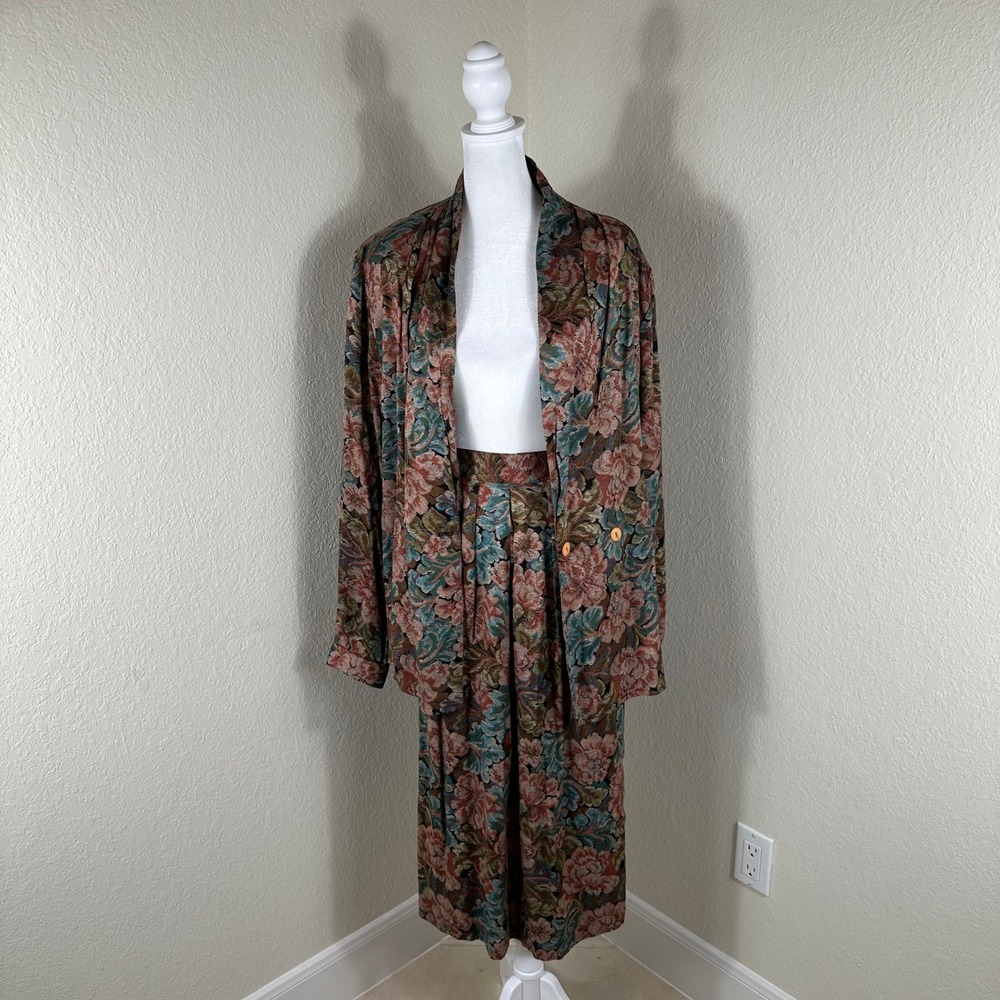 Vtg Norton McNaughton Tapestry Skirt Suit Womens 14P Floral Jacket Blazer 2 Pc
